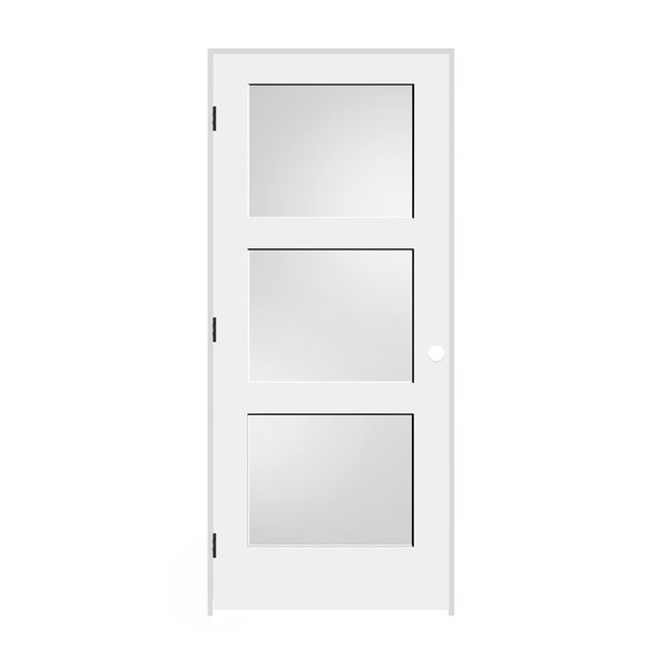 Trimlite 34"x80"x13/8" Primed 3Panel Equal Panel White Lami Glass Interior Shaker 71/4" RH Prehung Matte 2168pri8433GLRH10B714